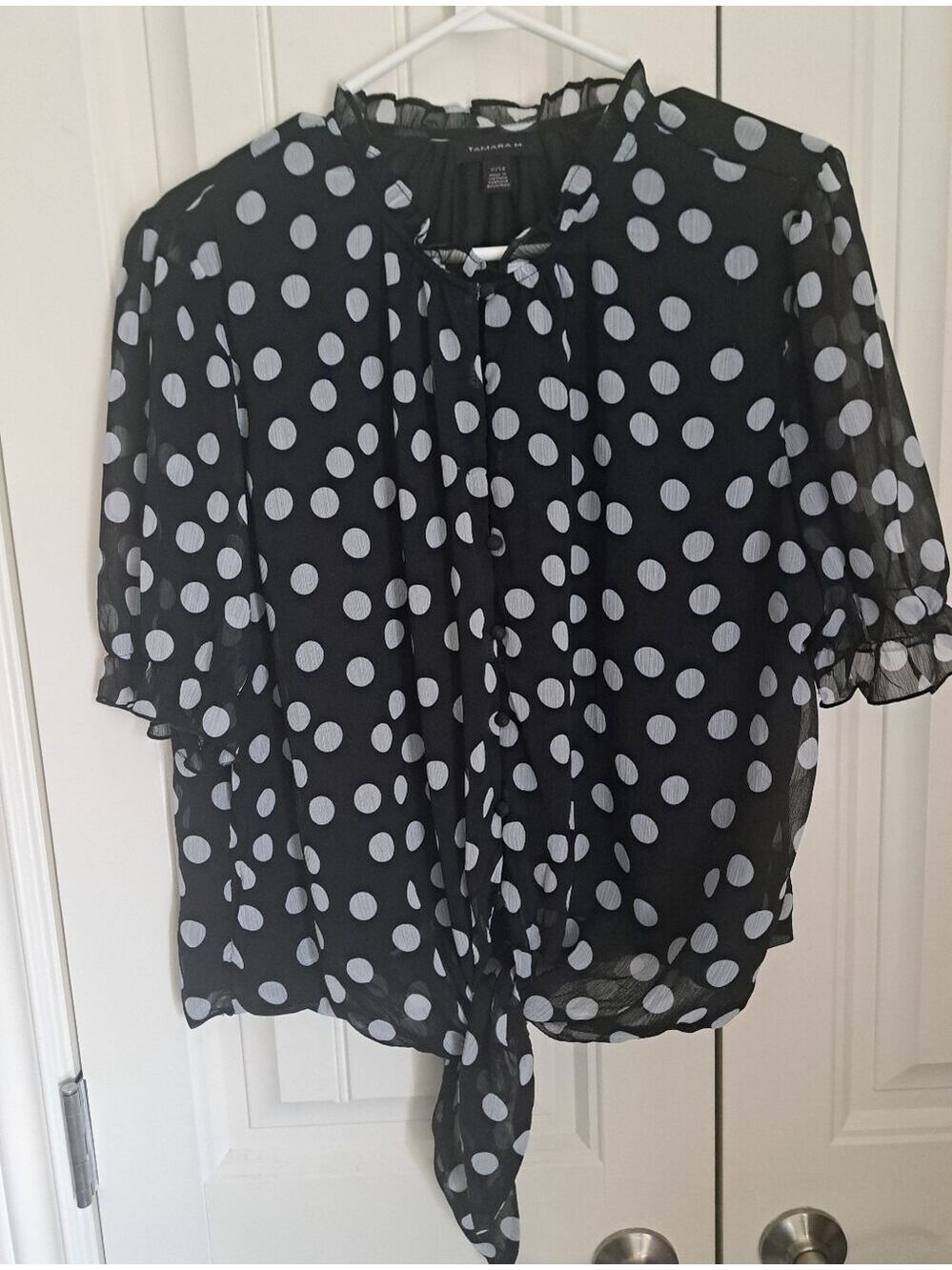 TAMARA H Black WHITE Polka Dot short sleeve blouse lightweight ruffle resort XL